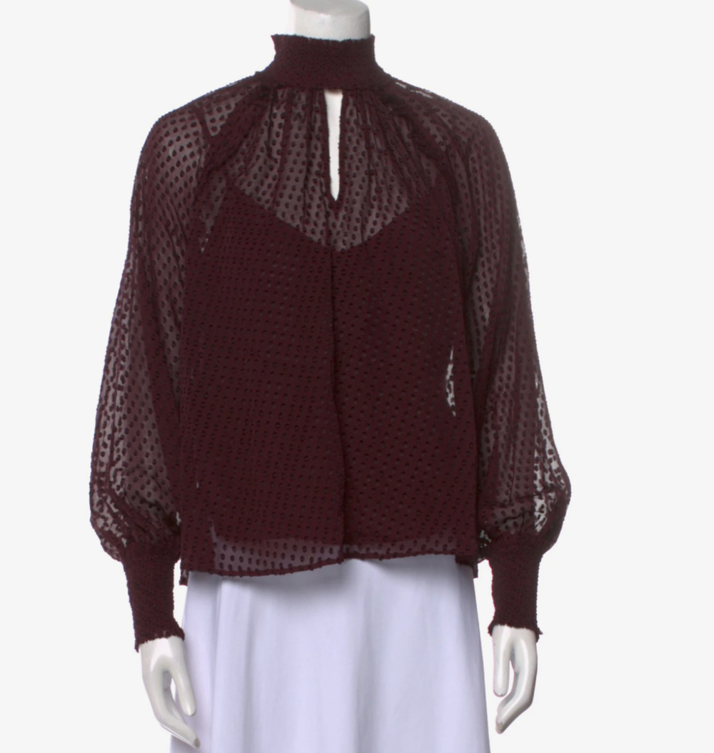 ME+EM Mock Neck Long Sleeve Polka Dot Blouse Burgundy Plum